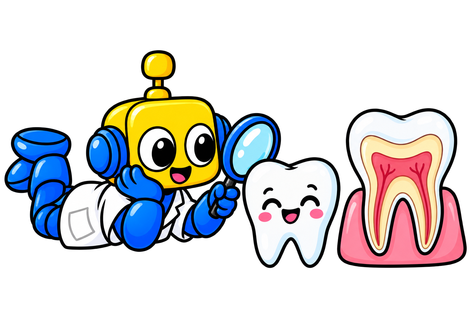 Robot memeriksa penampang gigi yang memperlihatkan enamel, dentin, dan akar di dalam gusi.
