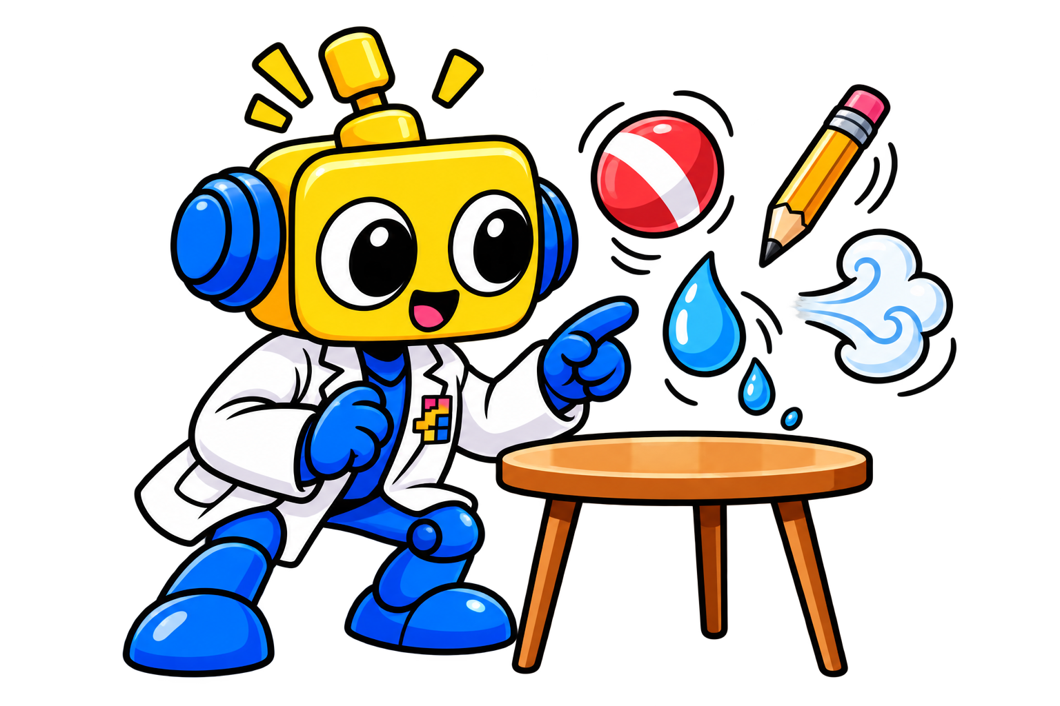 Robot ilmuwan berjask lab mengamati benda-benda melayang di sekitar Bumi selama gravitasi menghilang.