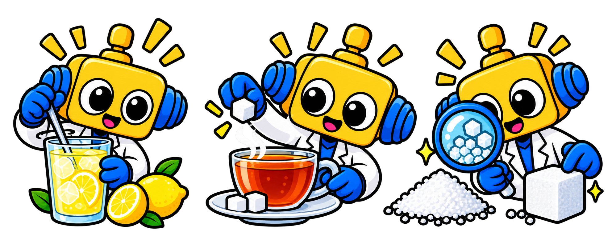Robot membandingkan gula dalam limun, teh hangat, dan butiran gula dengan gula batu.