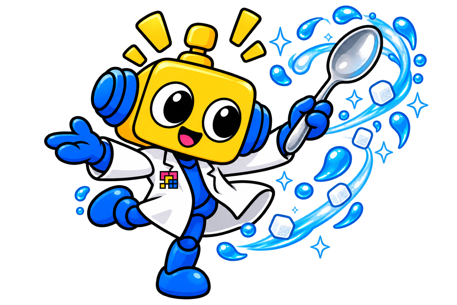 Robot mengaduk pusaran air dan gula dengan sendok seperti konduktor.
