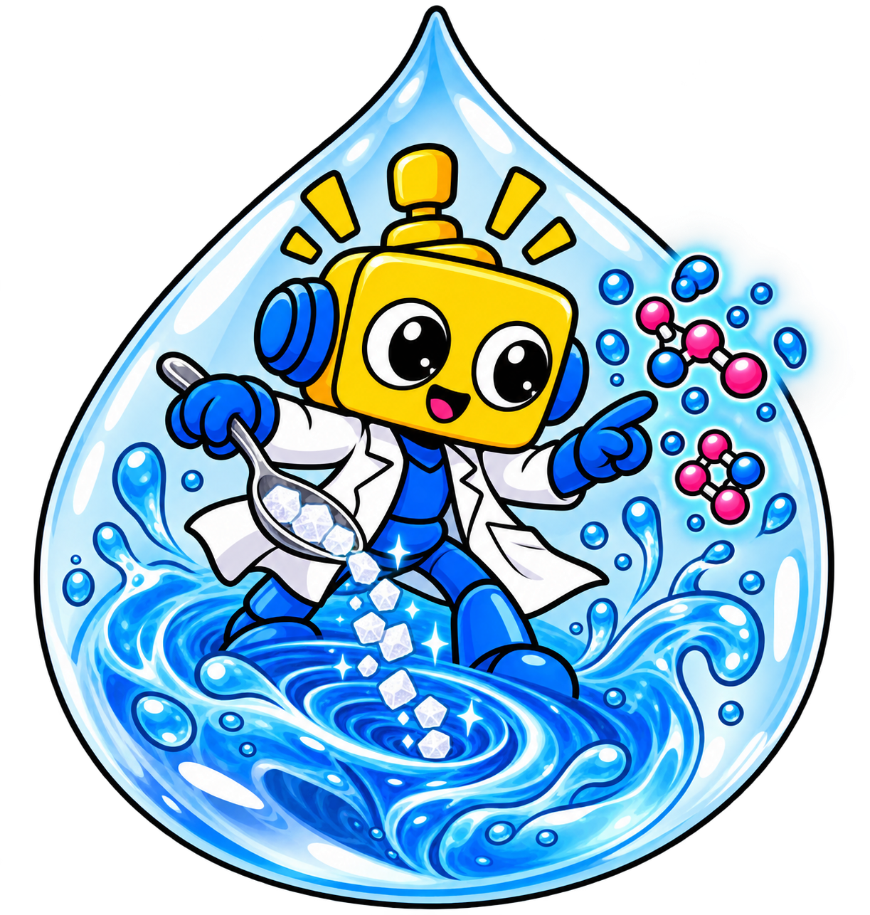 Robot mengaduk kristal gula ke dalam pusaran air biru dengan sendok besar.