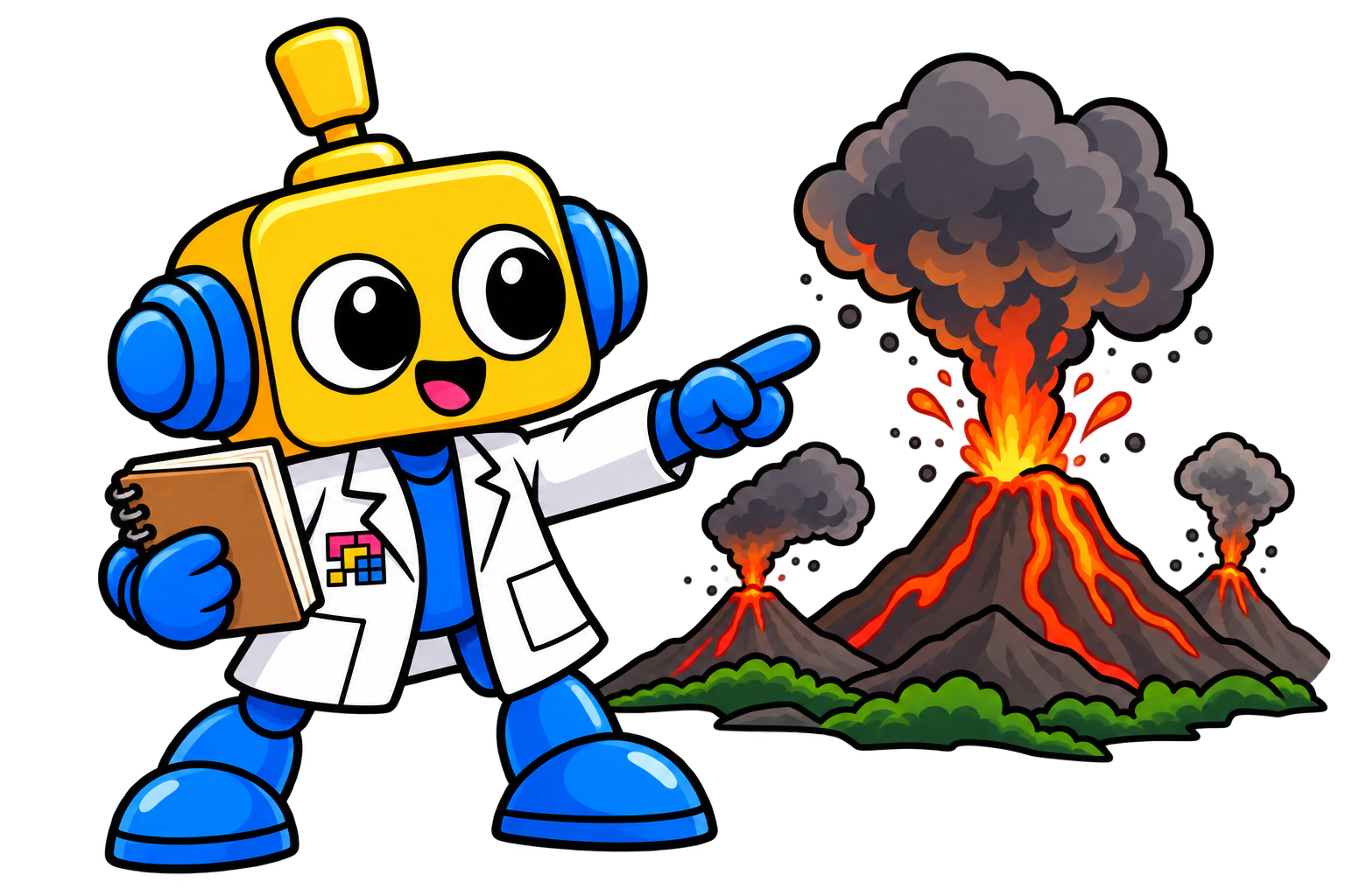 Robot ilmuwan mengamati beberapa gunung api meletus dengan aliran lava dan kolom abu di kejauhan.