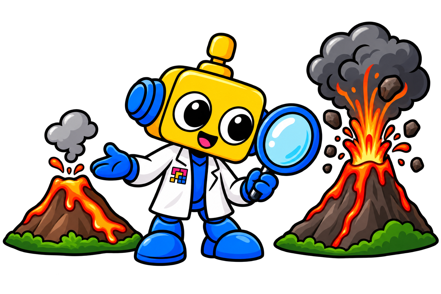 Robot membandingkan aliran lava yang relatif tenang dengan letusan eksplosif penuh abu.