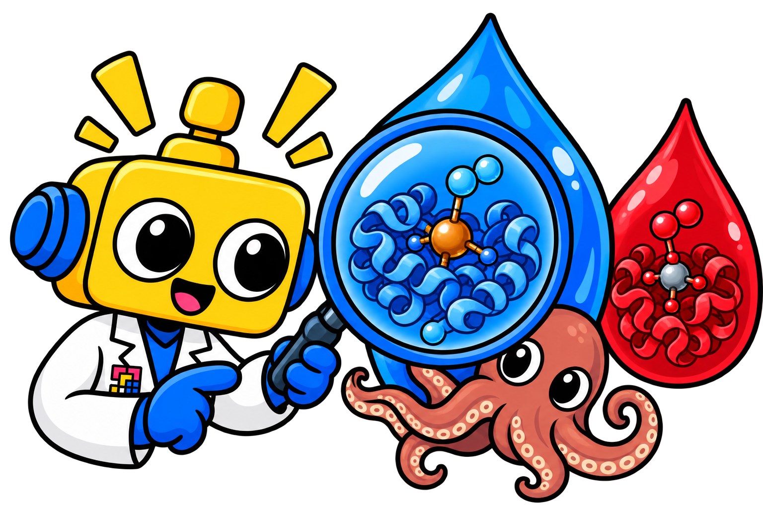 Robot membandingkan tetes darah biru gurita dengan darah merah manusia dan hemocyanin berbasis tembaga.