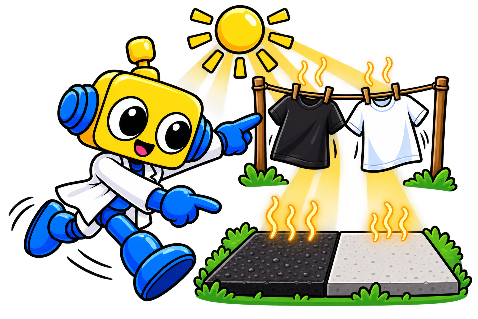 Robot menunjukkan kaus hitam dan putih serta aspal gelap dan trotoar terang di bawah matahari.