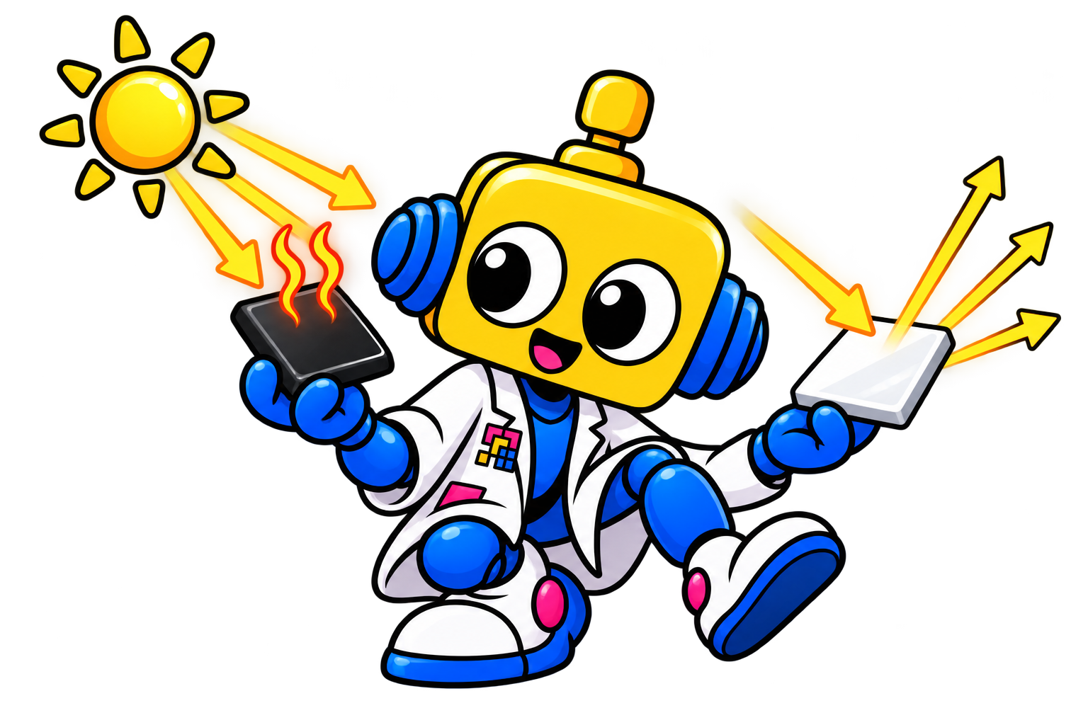 Robot membandingkan ubin hitam dan putih yang terkena sinar matahari.