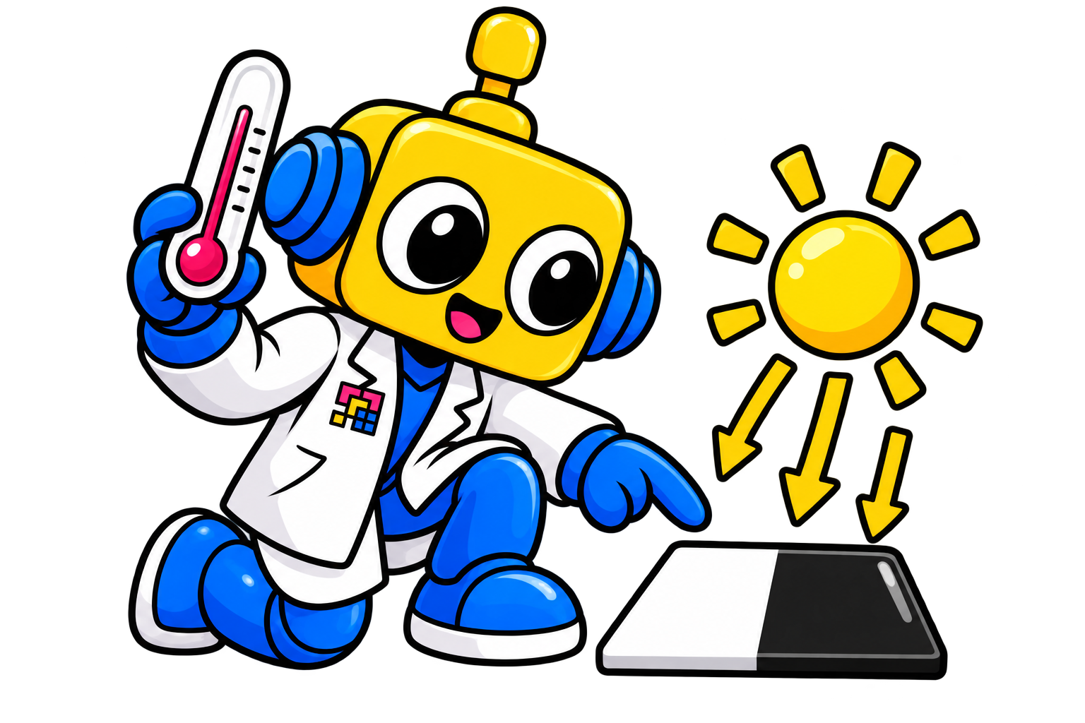 Robot berjongkok sambil memegang termometer dan membandingkan ubin hitam dengan putih.