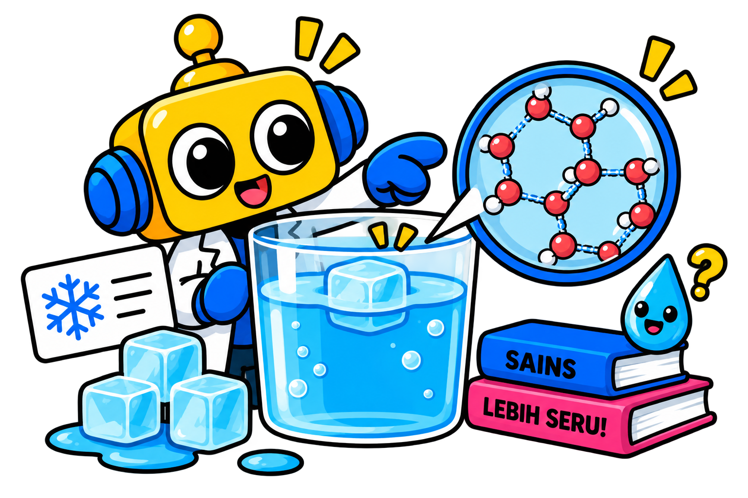 Robot menunjuk es yang mengapung di gelas air