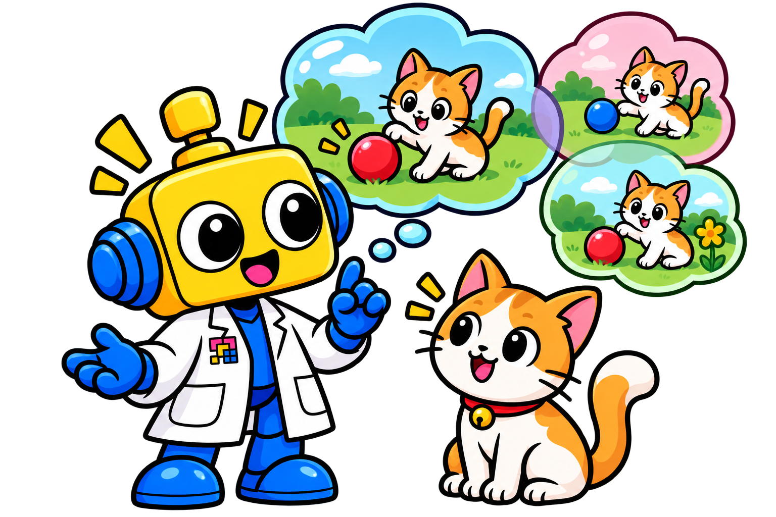 Robot mengingat adegan kucing dan bola dengan dua versi detail yang sedikit berbeda