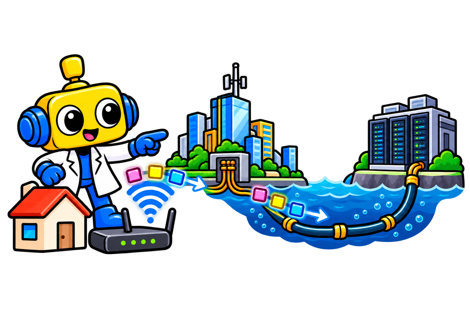 Robot ilmuwan menunjuk peta jaringan global dengan paket data yang melintas di kabel bawah laut.