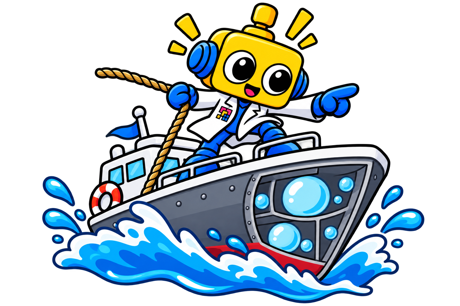 Robot berdiri seperti peselancar di haluan kapal besi yang melaju di atas ombak.