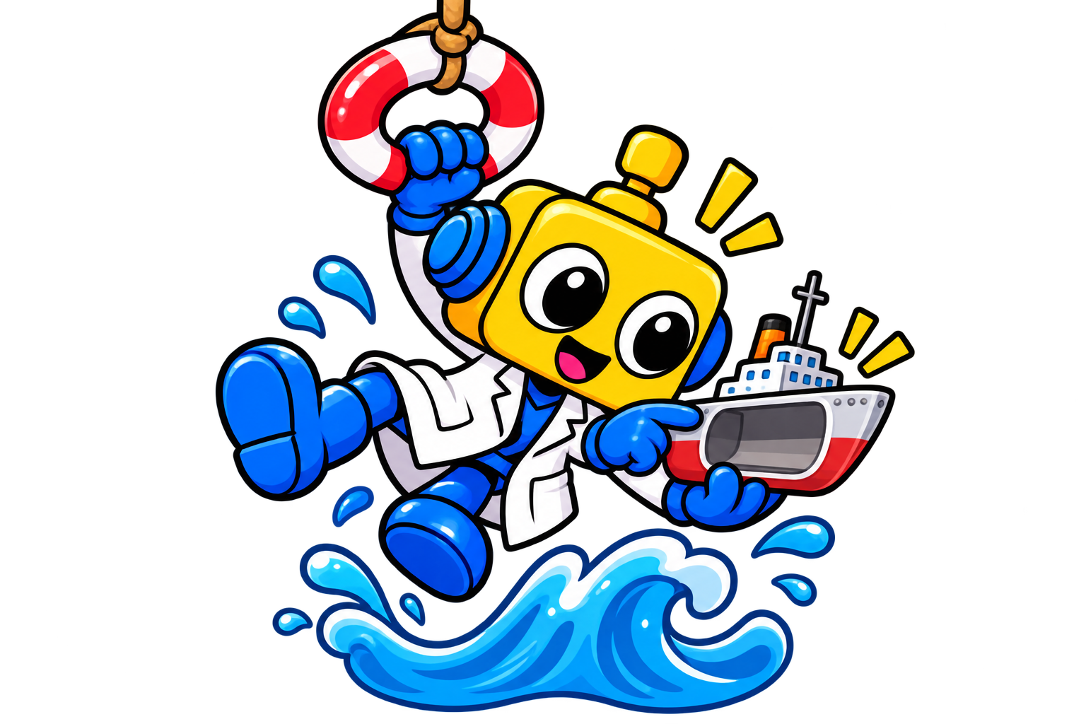 Robot menunjuk model kapal berongga di atas ombak.