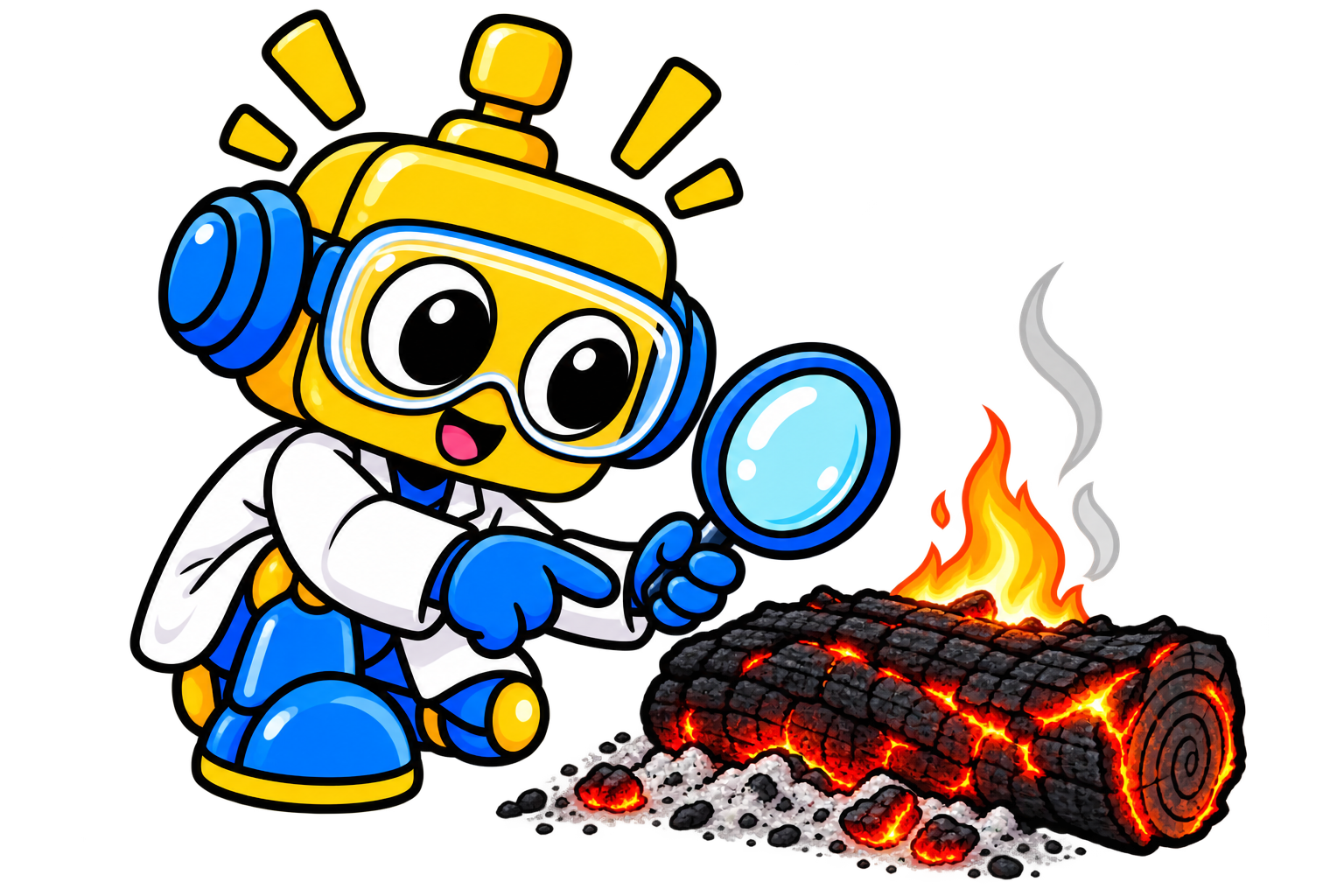 Robot menunjuk kayu yang menghitam dan mulai membara di dekat api kecil.