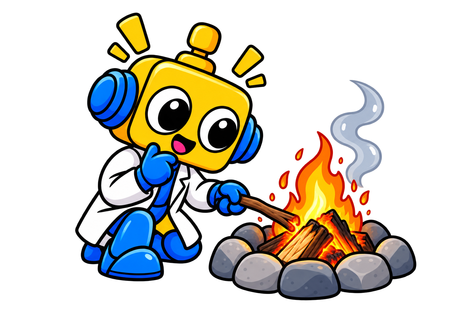 Robot mengamati kayu yang terbakar di dalam api unggun kecil yang terkendali.