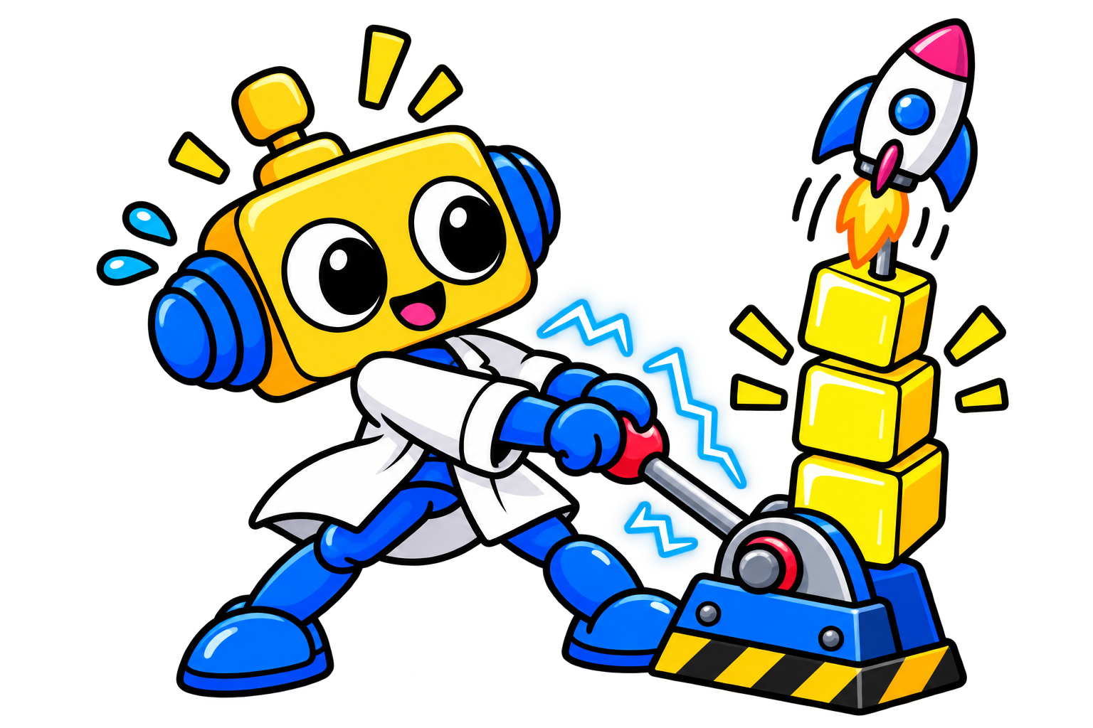 Robot mendorong wahana kecil sementara balok energi kuning tersusun makin tinggi.