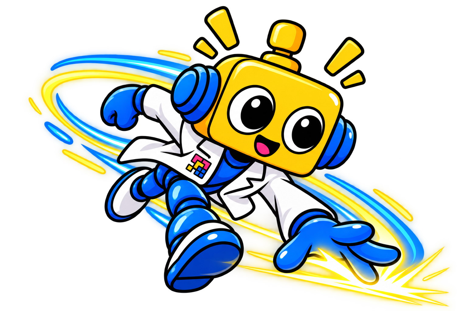 Robot berlari dengan pose dinamis menembus jejak cahaya biru dan kuning.