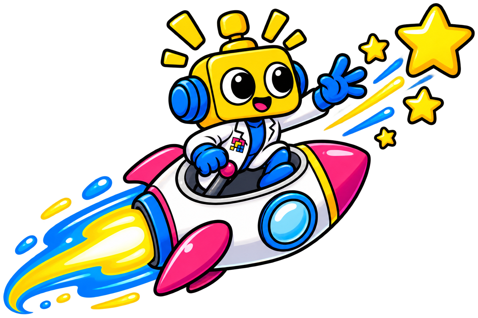 Robot di kokpit wahana antariksa melaju dengan bintang-bintang menjadi jejak cahaya.