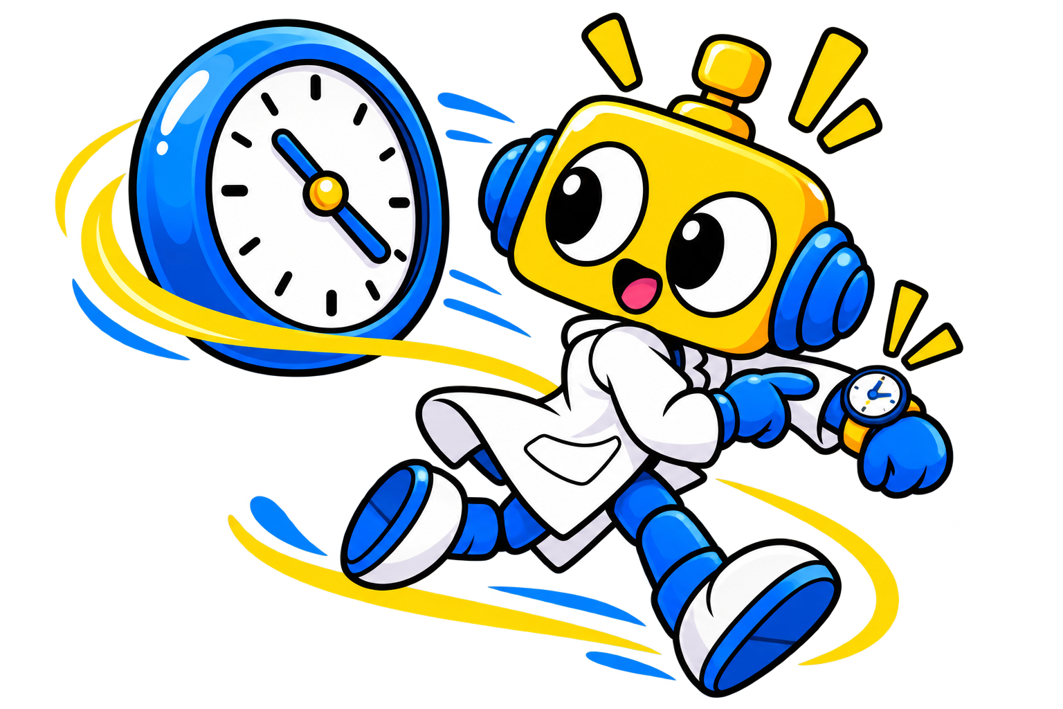 Robot berlari sambil membandingkan jam di pergelangan tangan dengan jam yang tertinggal.