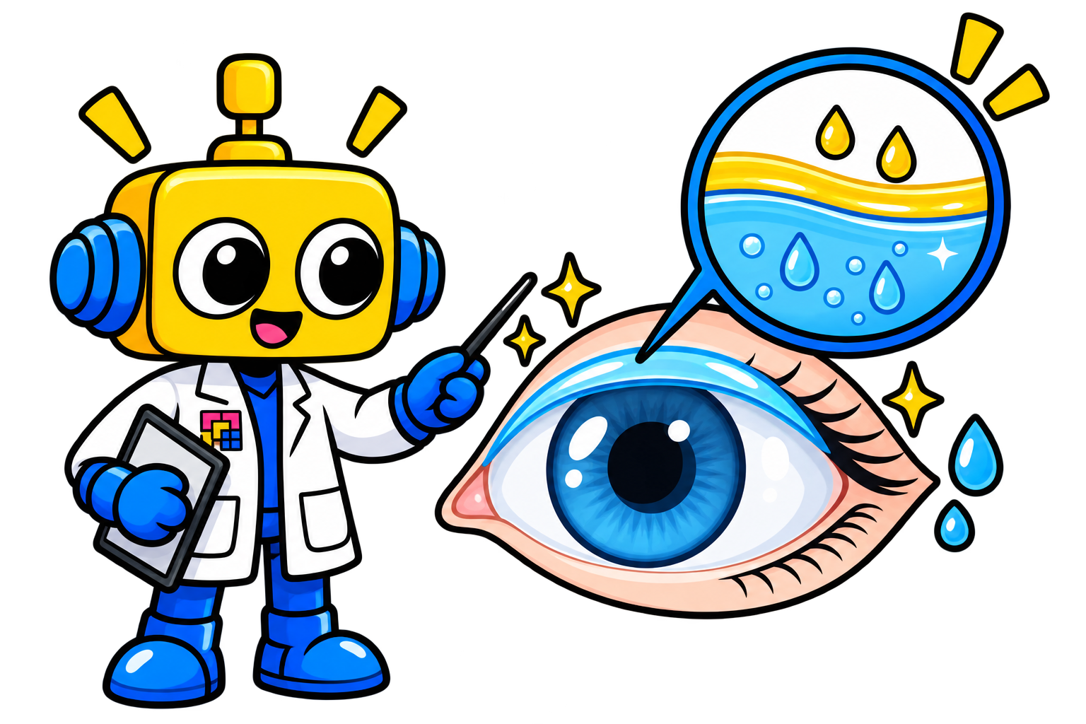 Robot memperlihatkan lapisan tipis air mata di permukaan mata melalui kaca pembesar.