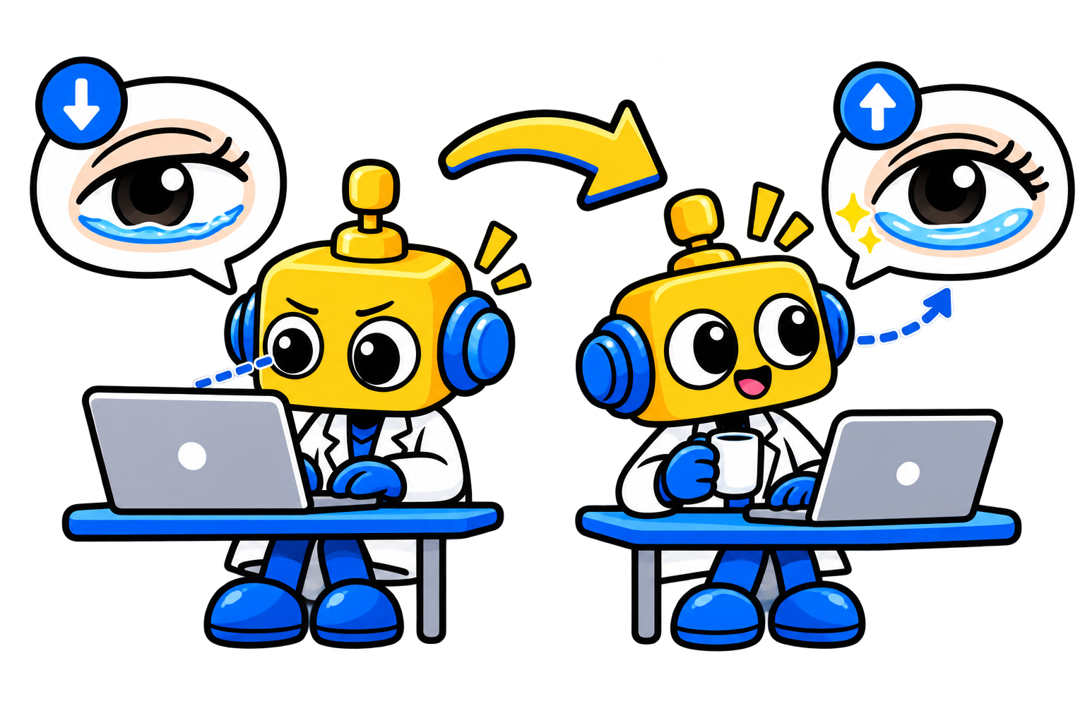 Robot membandingkan seseorang yang fokus menatap layar dengan seseorang yang mengalihkan pandangan dan berkedip.