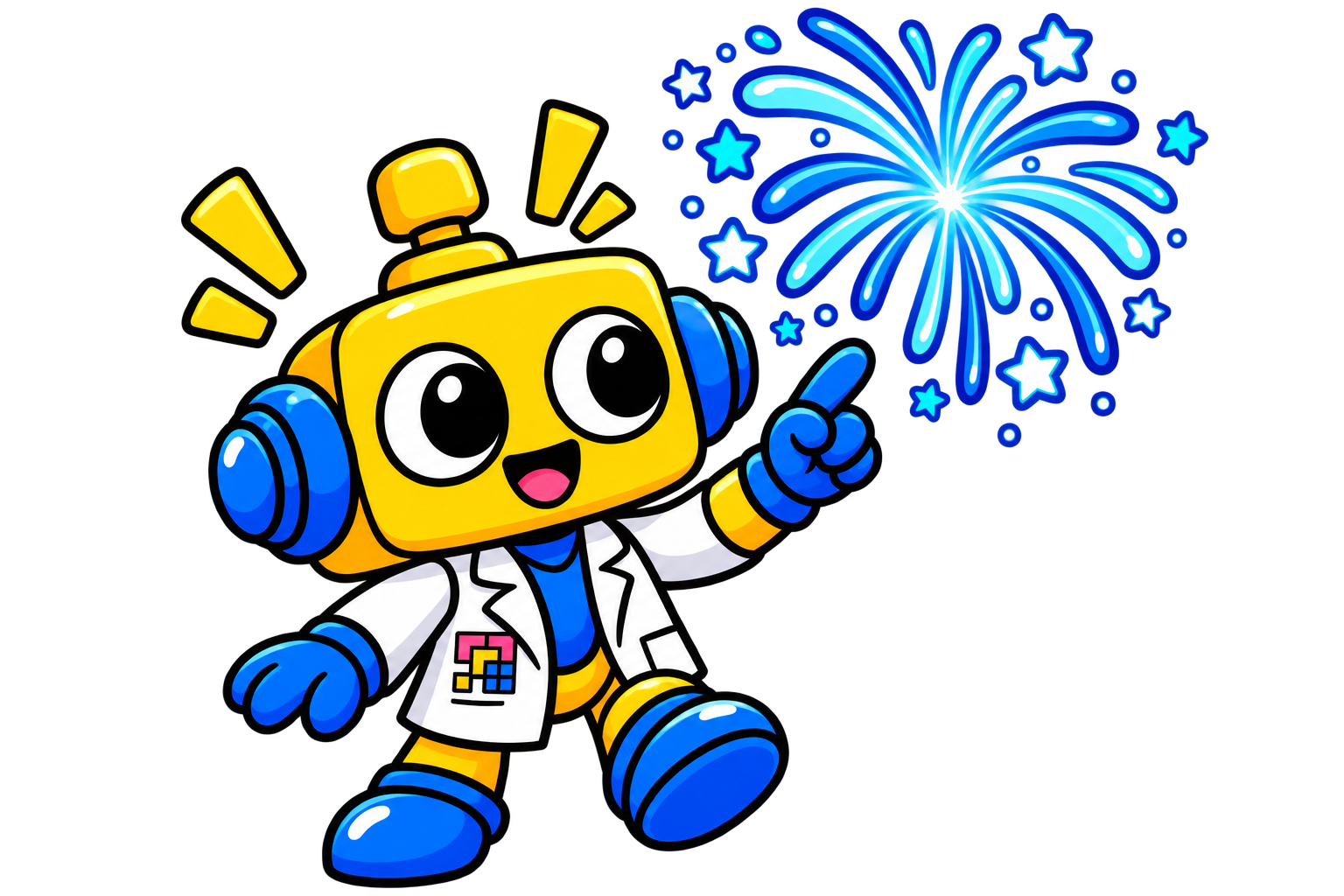 Semburat kembang api biru-putih dengan bintang-bintang cahaya dan robot yang menunjuk ke atas.
