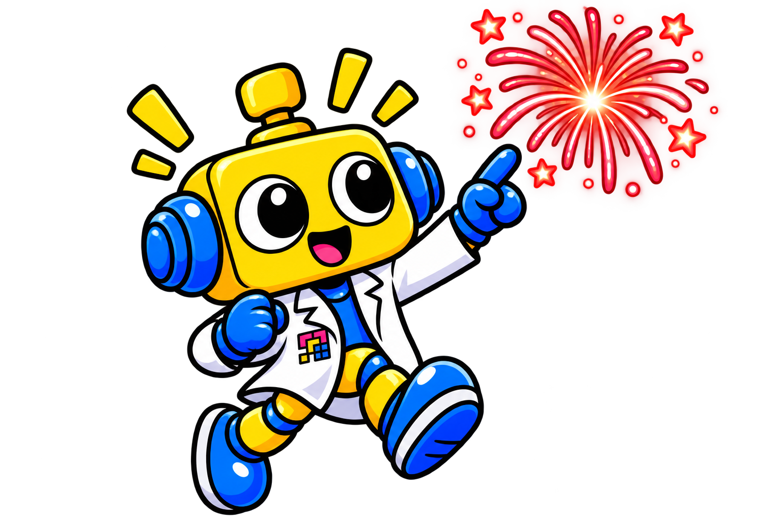 Semburat kembang api merah dengan bintang-bintang cahaya dan robot yang menunjuk ke atas.