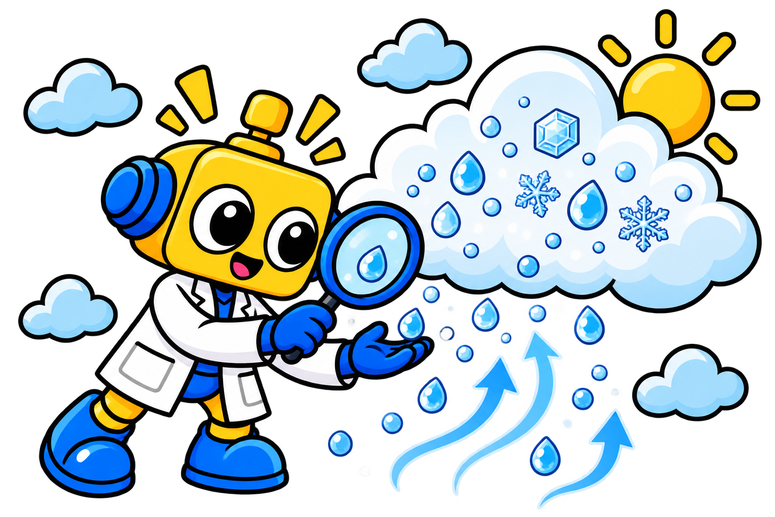 Robot mengamati awan berisi tetesan air kecil dan kristal es yang terbawa aliran udara ke atas.