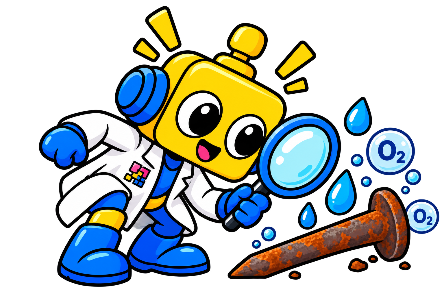 Robot memeriksa paku besi berkarat dengan kaca pembesar.