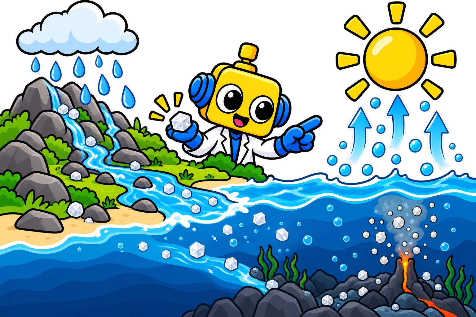 Robot menjelaskan hujan dan sungai yang membawa mineral ke laut, penguapan oleh matahari, serta ventilasi hidrotermal di dasar laut.
