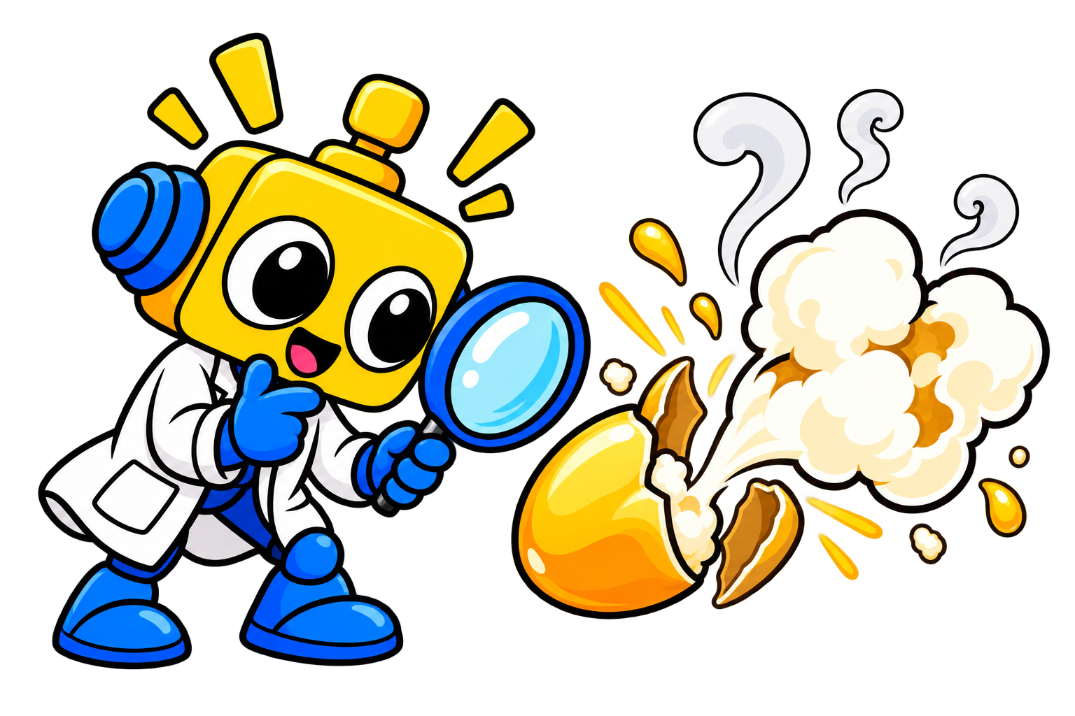 Robot menyaksikan biji jagung berubah menjadi popcorn putih dengan semburan uap.