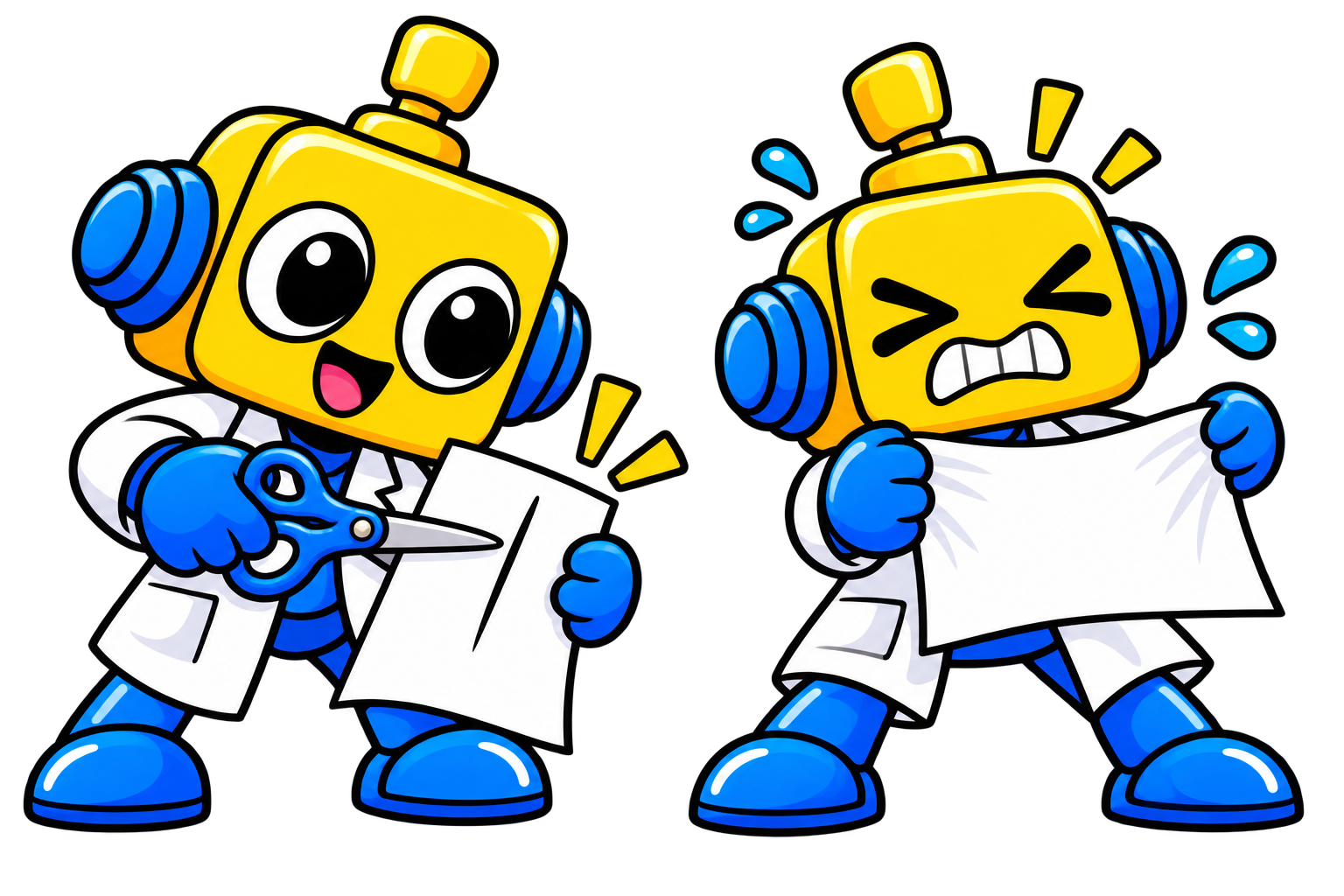 Robot menunjukkan perbedaan antara memotong kertas dengan gunting dan menarik lembaran kertas