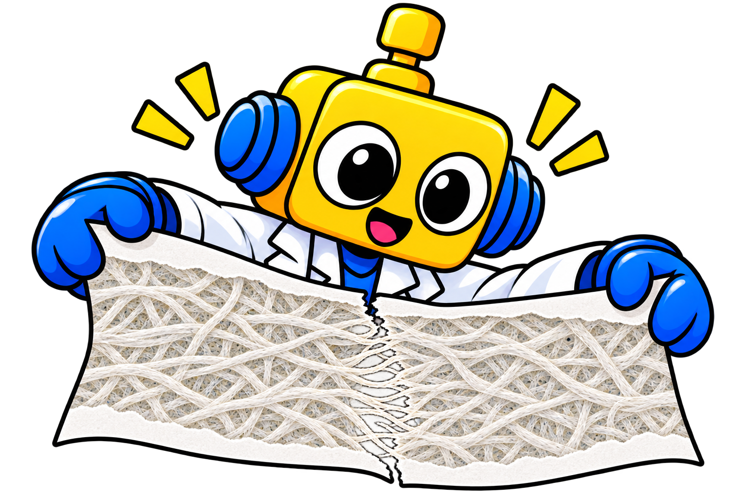Serat-serat kertas berbagi tarikan, dengan robekan kecil merambat dari takik di tepi