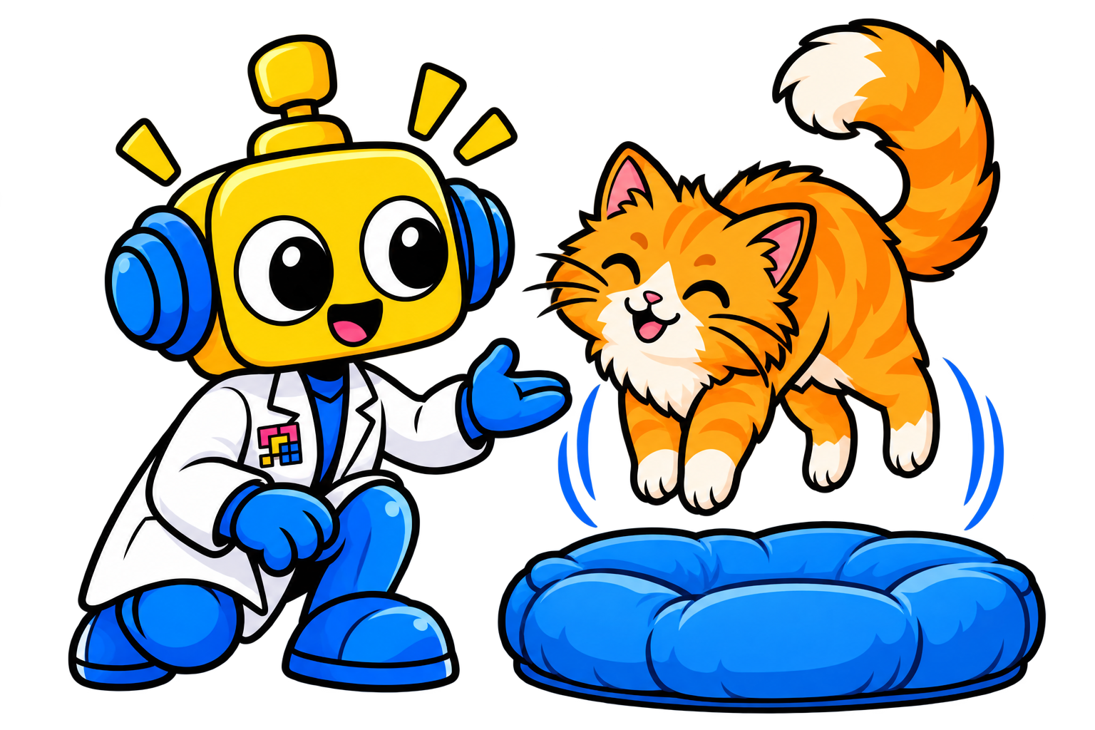 Kucing membalik tubuh agar kaki mengarah ke bantalan empuk, diamati robot