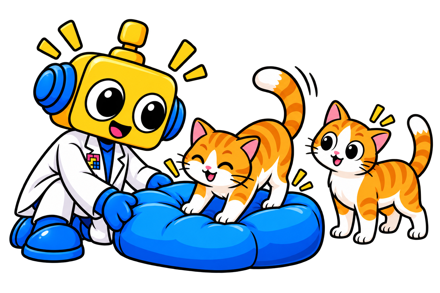 Kucing mendarat dengan kaki di bantalan lantai yang empuk, dengan robot di dekatnya