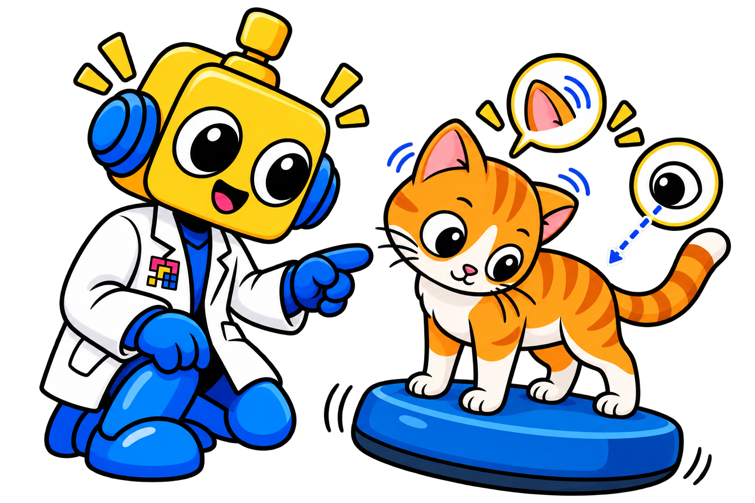 Kucing menjaga kepala tetap berorientasi sambil menyesuaikan posisi tubuh, dengan robot mengamati