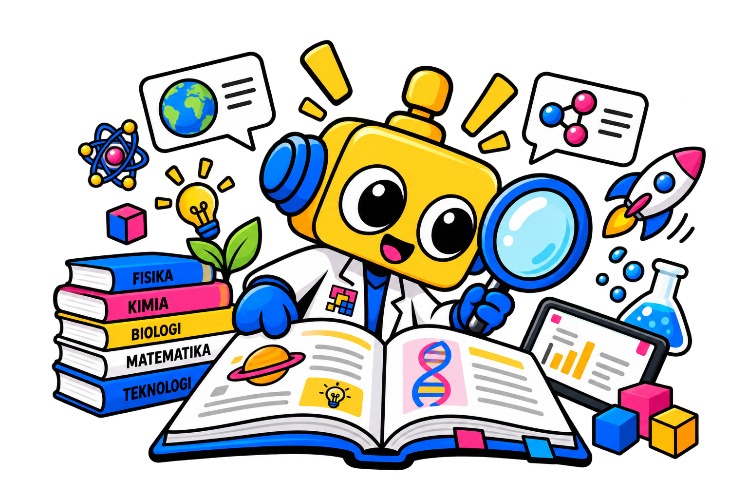 Ilustrasi kurasi microarticle dengan karakter robot dan buku