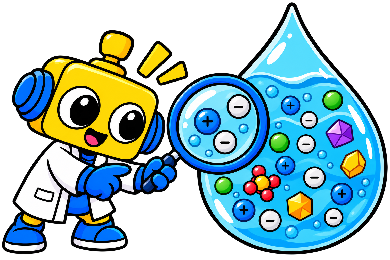 Robot memperbesar tetes air laut untuk menunjukkan beragam ion dan mineral terlarut.