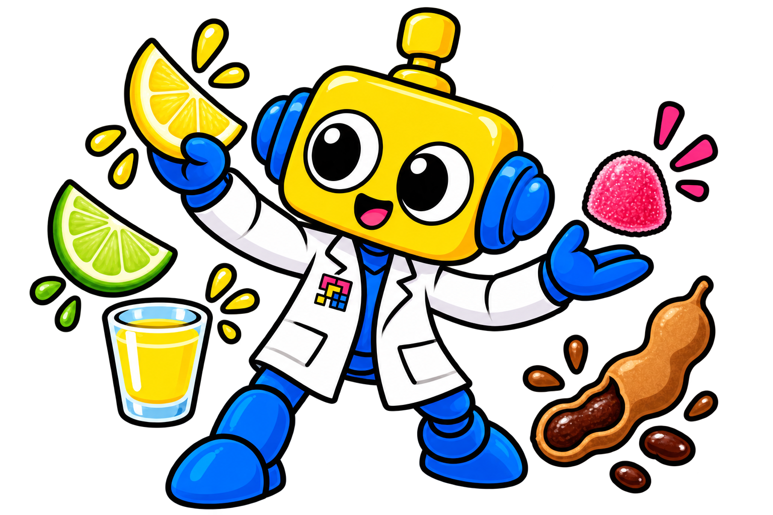 Robot membandingkan lemon, jeruk nipis, asam jawa, sari sitrus, dan permen asam.