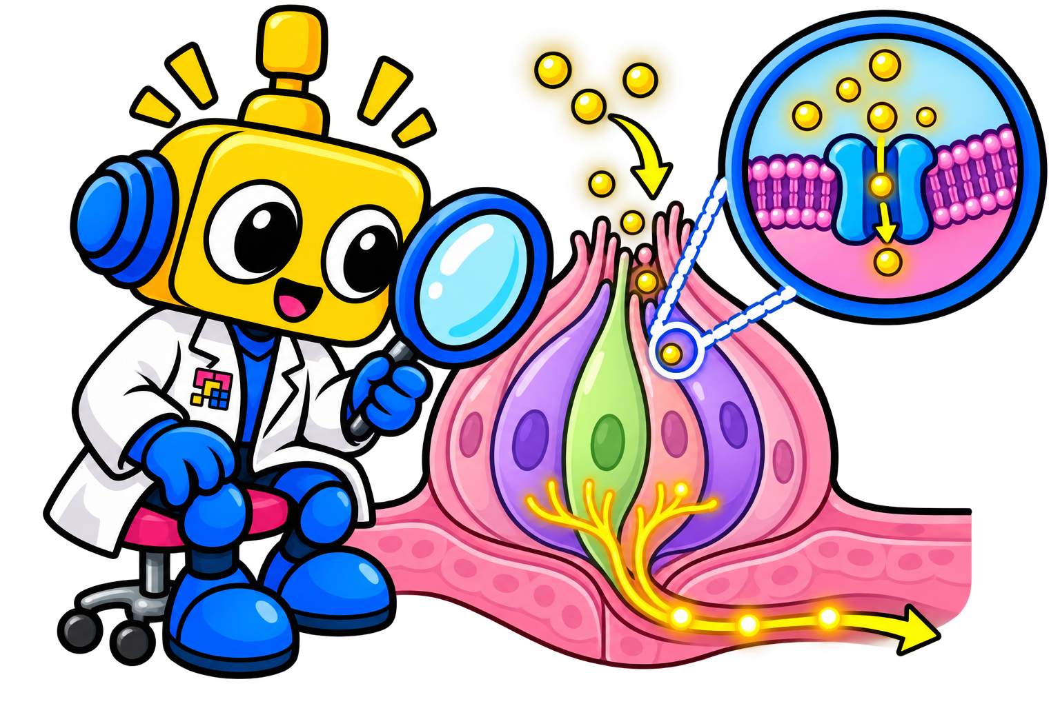 Robot berjask lab mengamati sel pengecap dengan kanal ion dan sinyal saraf yang bergerak menuju otak.