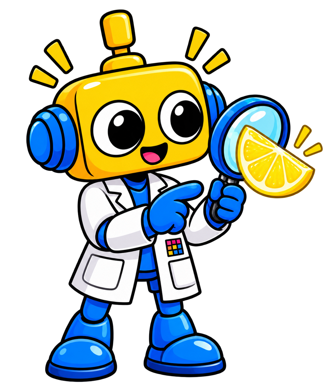 Robot berjask lab memeriksa irisan lemon dengan kaca pembesar dan beberapa tetes sari lemon.
