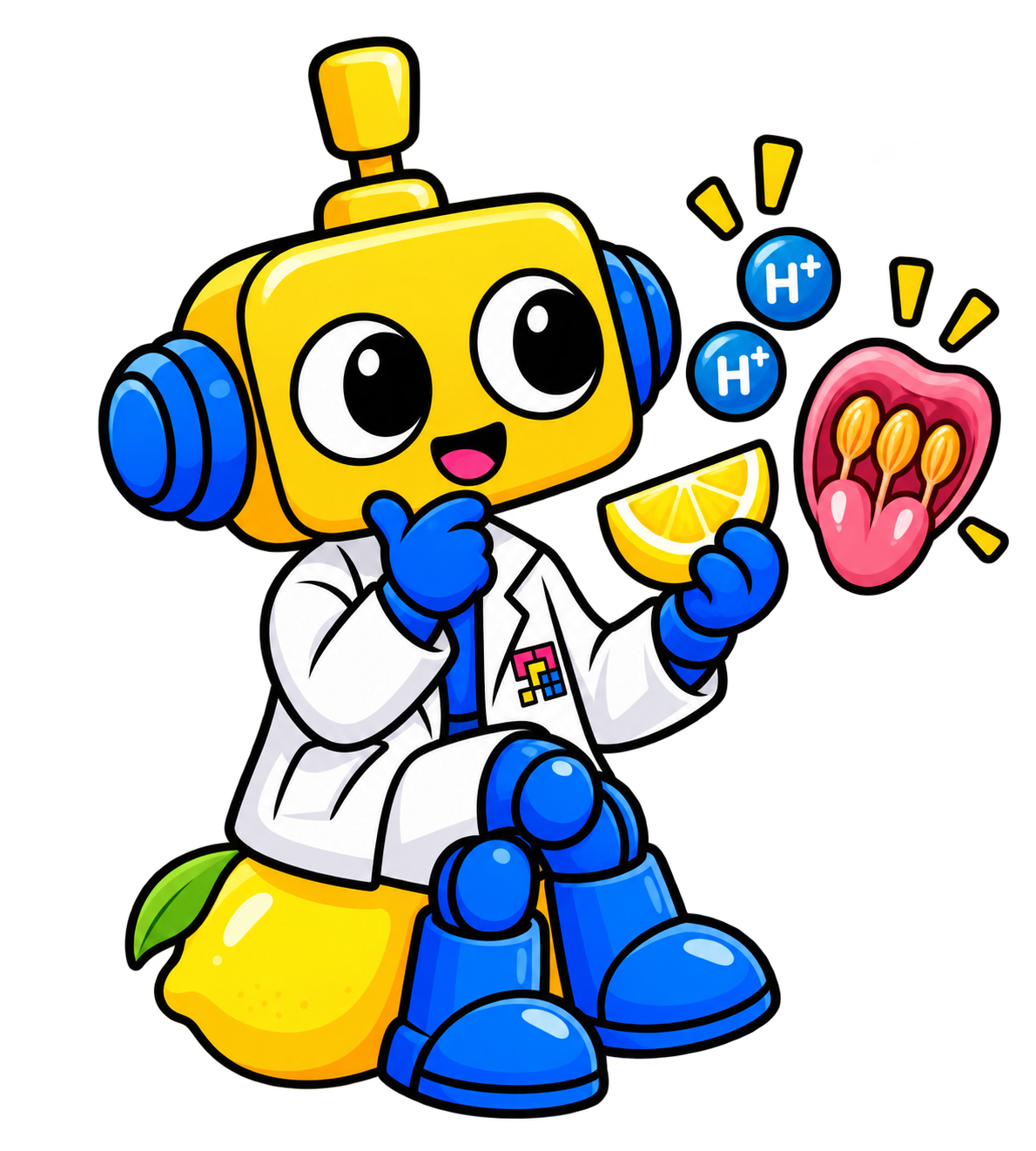 Robot berjask lab berpikir sambil memegang potongan lemon, dengan ikon sel pengecap di dekatnya.