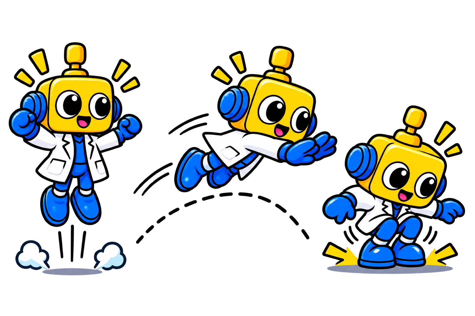 Robot memperagakan lompatan tegak, lompatan ke depan, dan pendaratan dengan lutut menekuk.