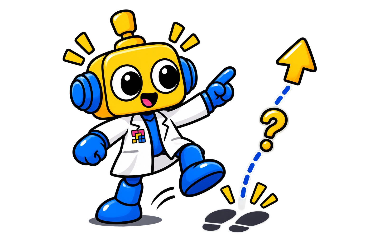 Robot ilmuwan menunjukkan jejak kaki dan panah lompatan untuk kuis tentang gaya.
