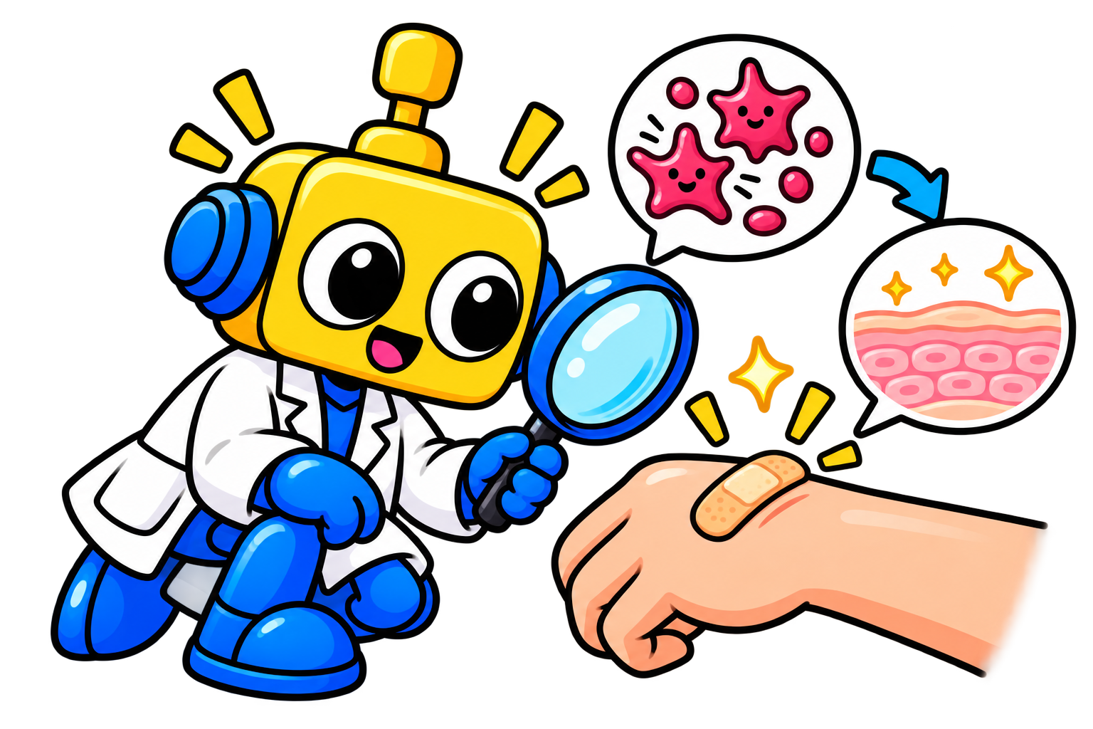 Robot ilmuwan mengamati luka kecil yang ditutup plester dan proses perbaikan kulit.