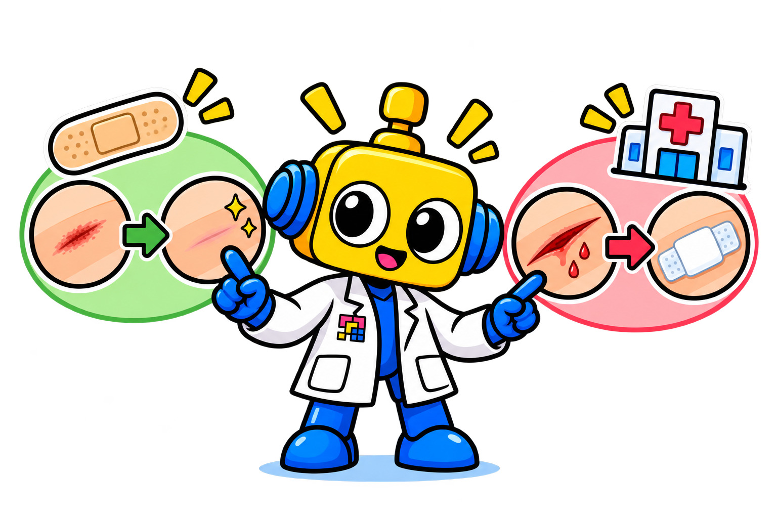 Robot membandingkan lecet kecil yang tertutup plester dengan luka lebih dalam yang perlu diperiksa tenaga medis.