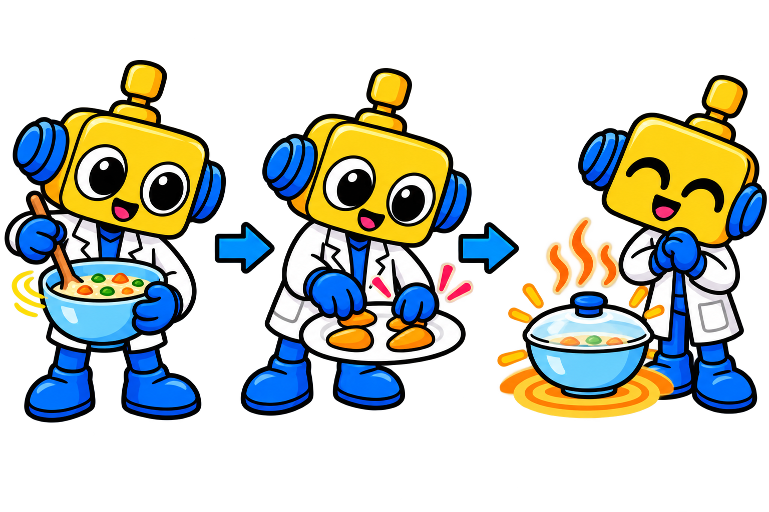 Robot membandingkan makanan yang disusun melingkar, diaduk, dan dibiarkan sejenak setelah dipanaskan.