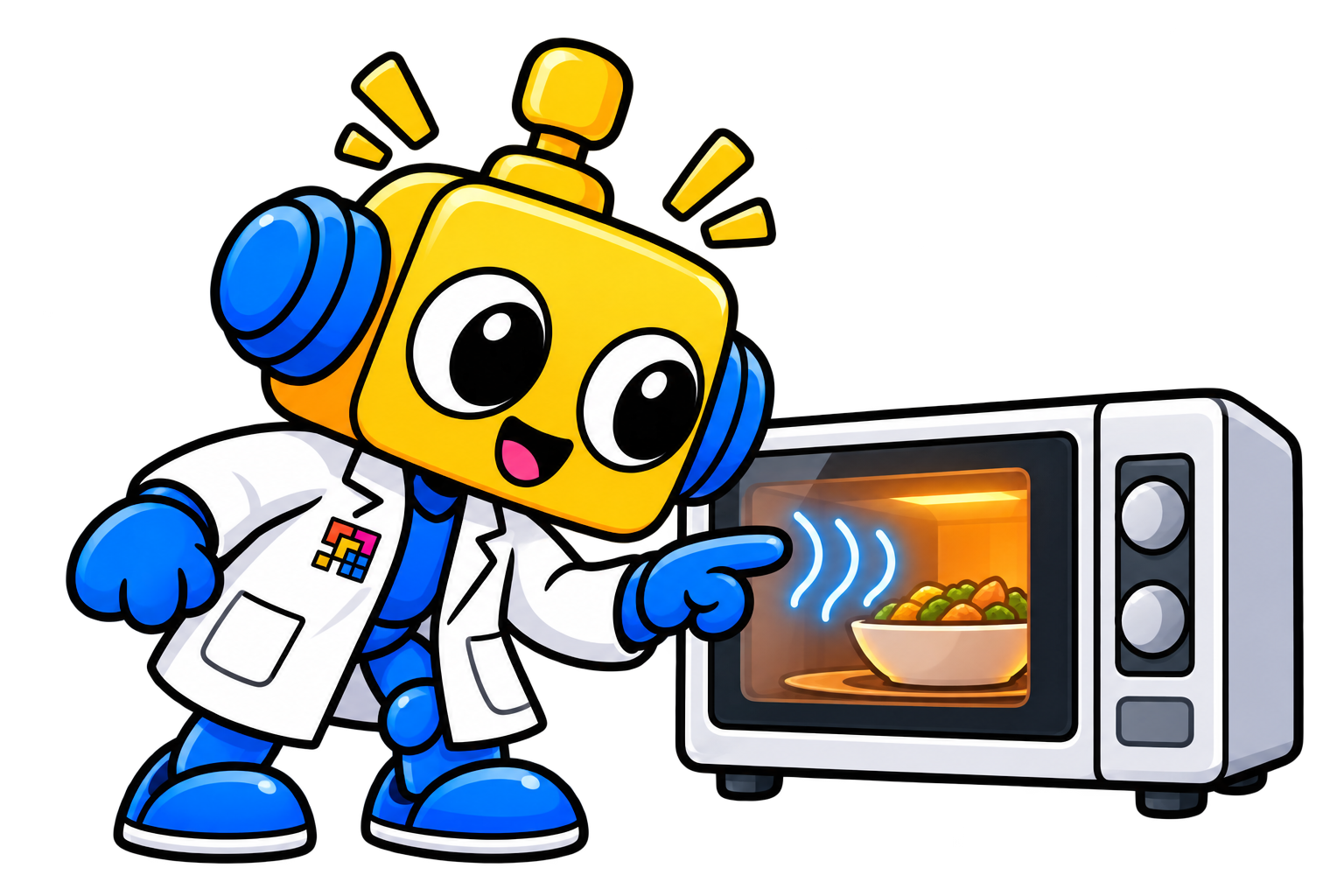 Robot ilmuwan mengamati makanan di dalam microwave dengan gelombang elektromagnetik yang digambarkan sebagai garis biru.