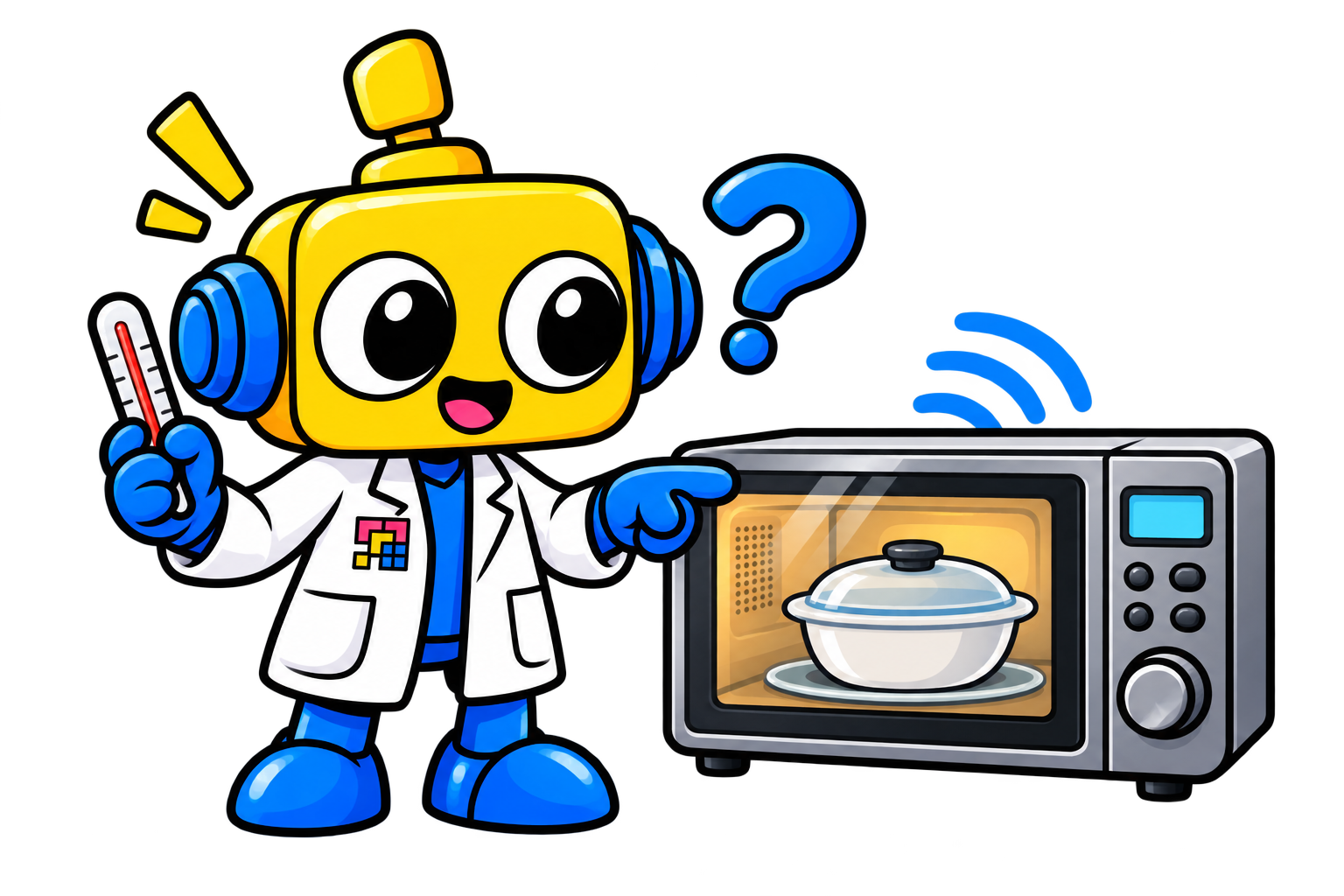 Robot ilmuwan menunjuk wadah makanan di dalam oven microwave dan menunjukkan perpindahan panas.
