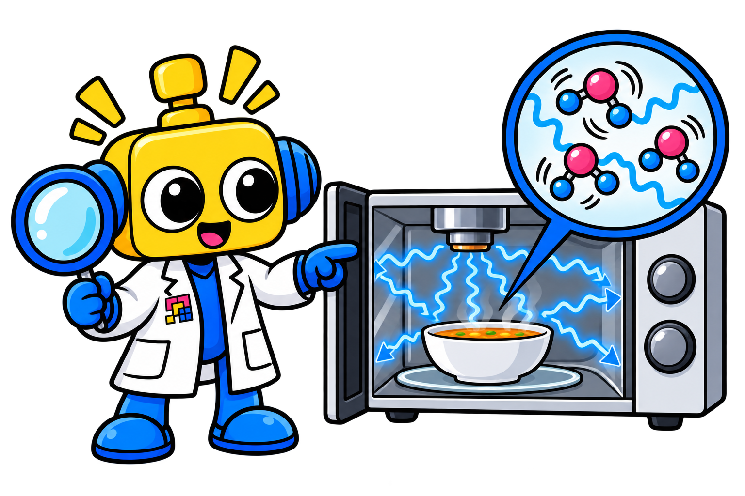 Magnetron menghasilkan gelombang mikro yang dipantulkan dinding oven lalu diserap molekul air dan ion di makanan.