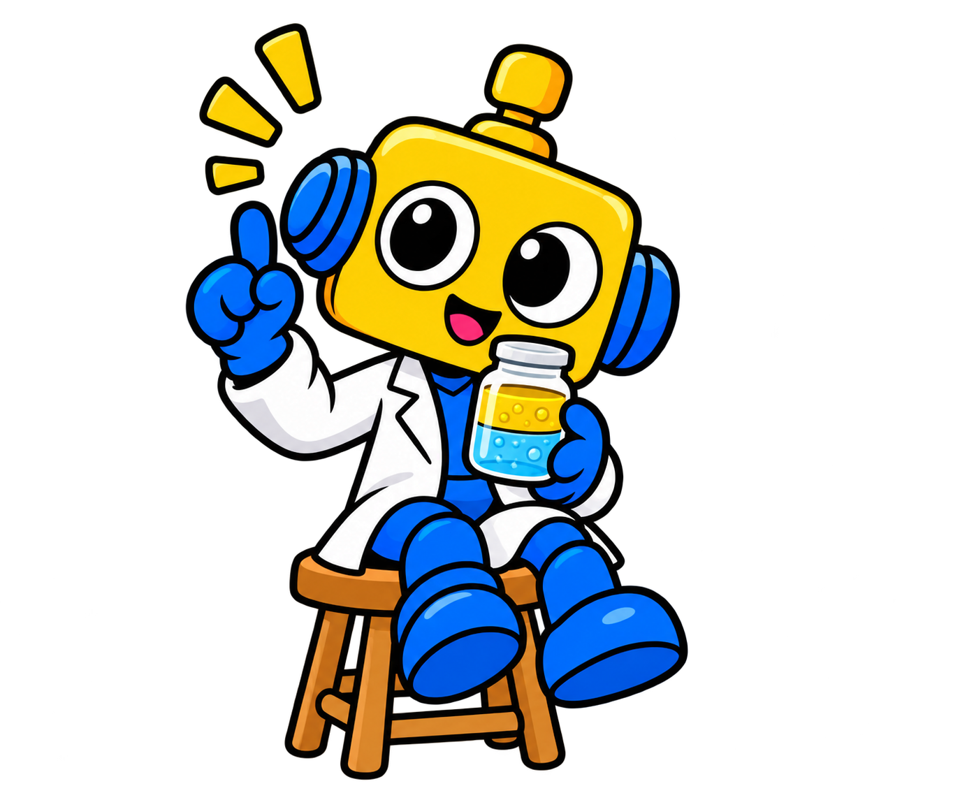 Robot duduk sambil memegang botol berisi air dan minyak yang terpisah.